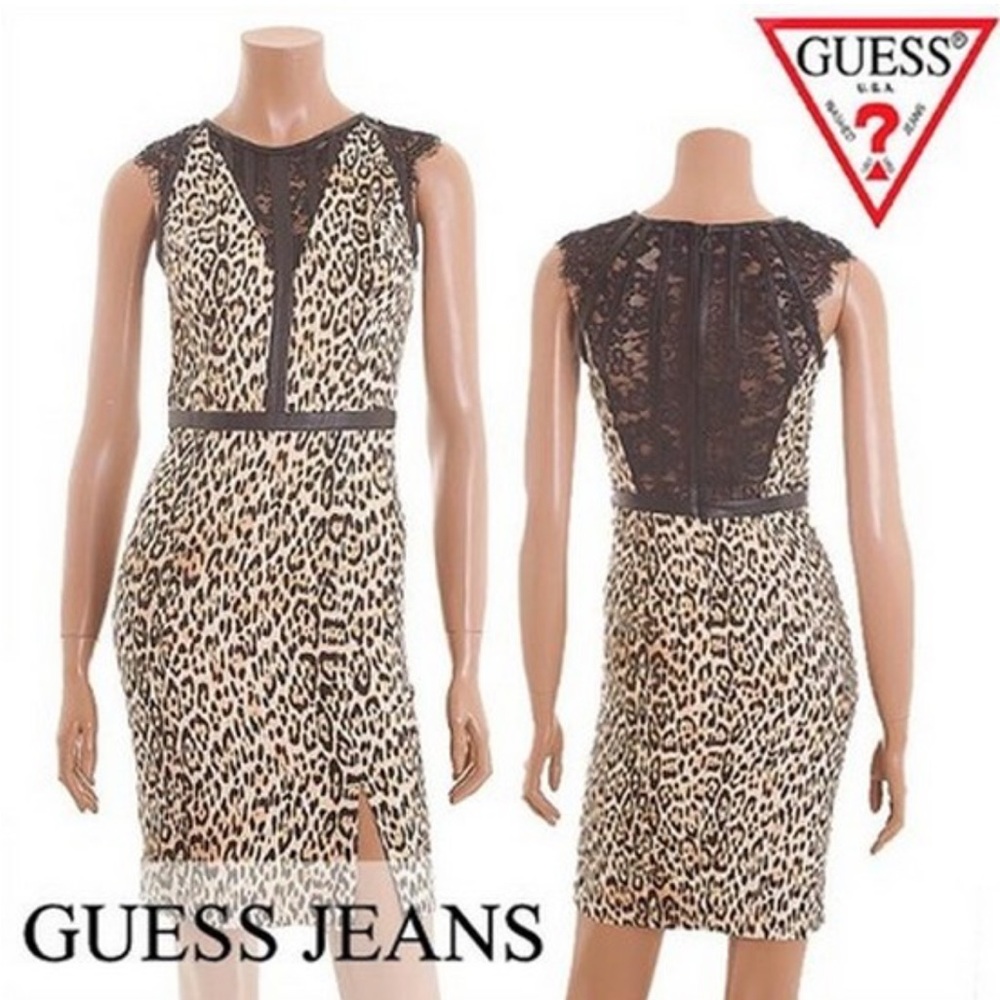 Guess amber lace faux leather trim Leopard Print Midi Dress